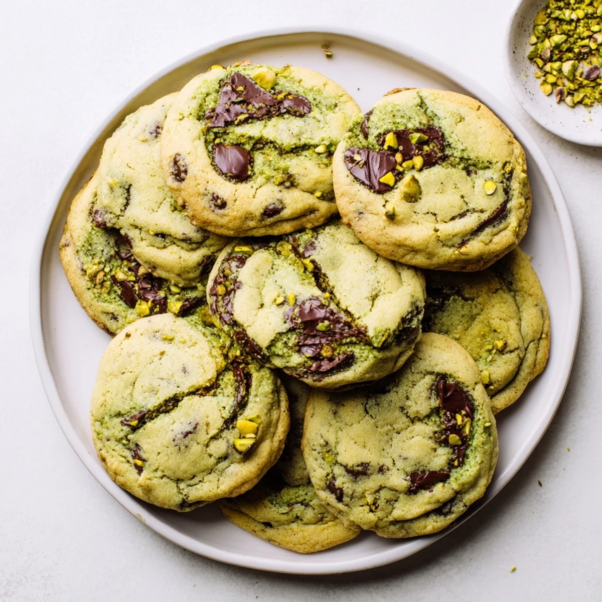 Chewy pistachio cream chocolate chip cookies cooling on a wire rack with rich chocolate chunks peeking through