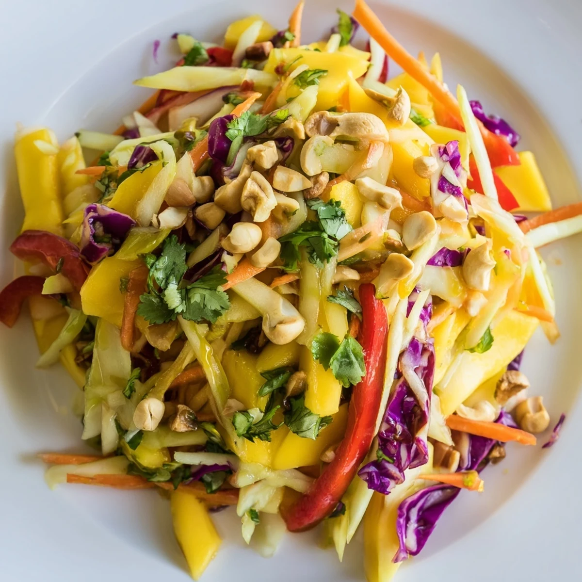 Fresh mango slaw topped with crunchy cashews and cilantro in a white serving bowl