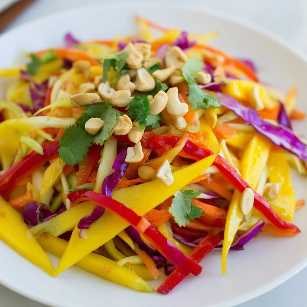 Vibrant mango slaw featuring julienned vegetables and nuts drizzled with citrus dressing