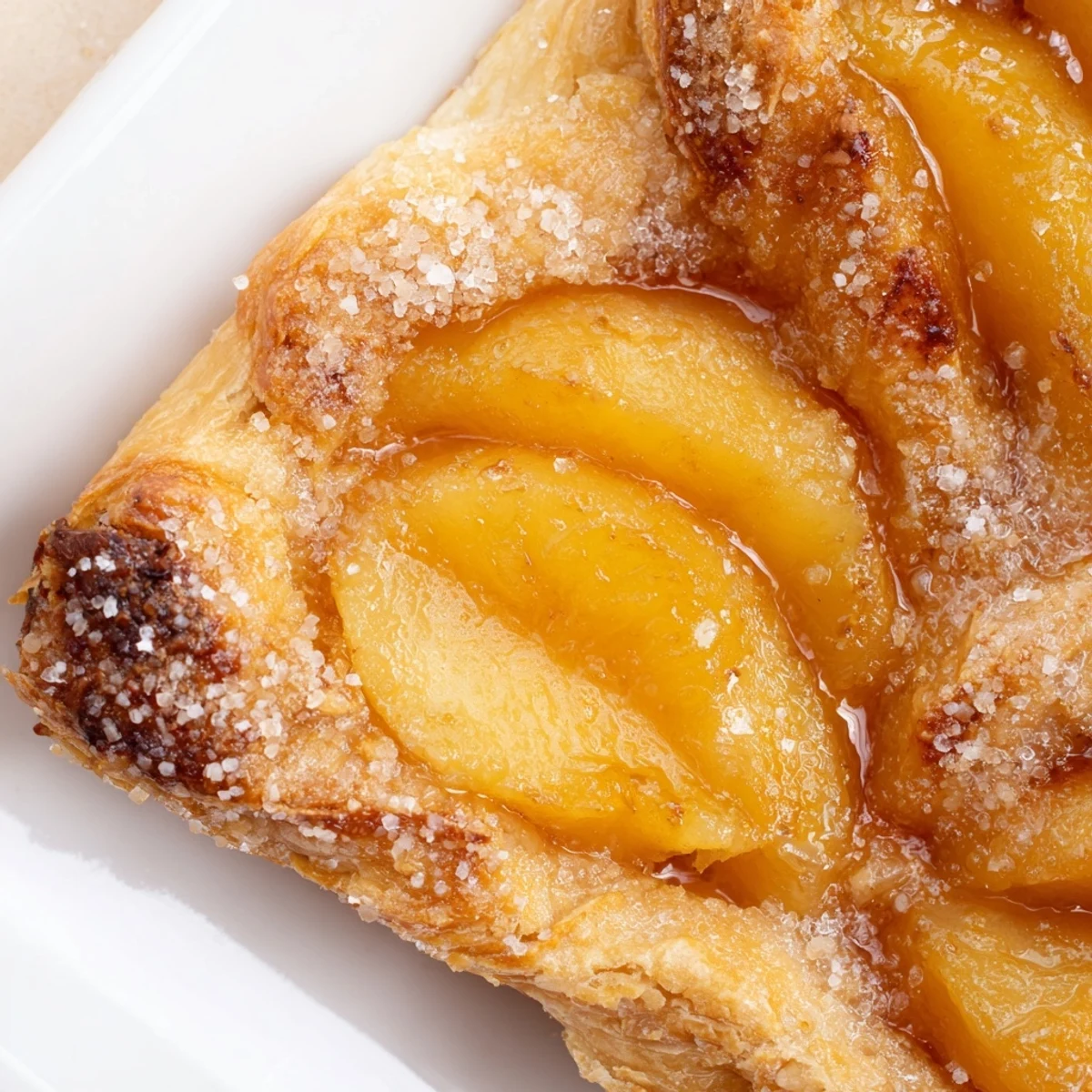 Golden classic peach cobbler with flaky crust bubbling with juicy cinnamon spiced fruit