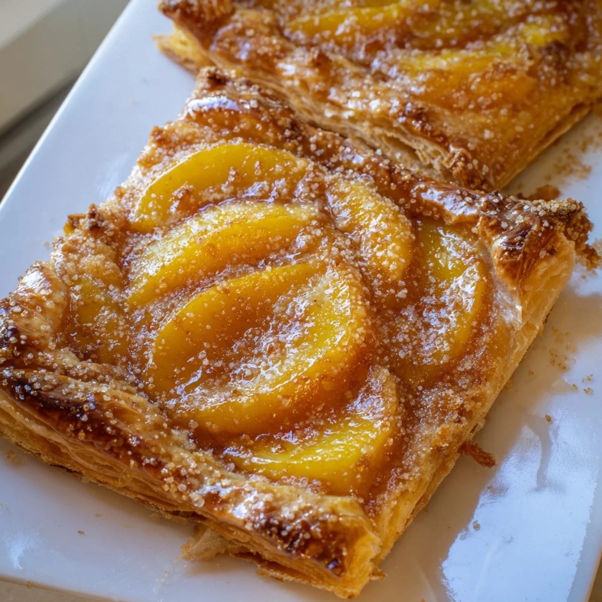 Classic peach cobbler with flaky crust served warm in a white ceramic baking dish
