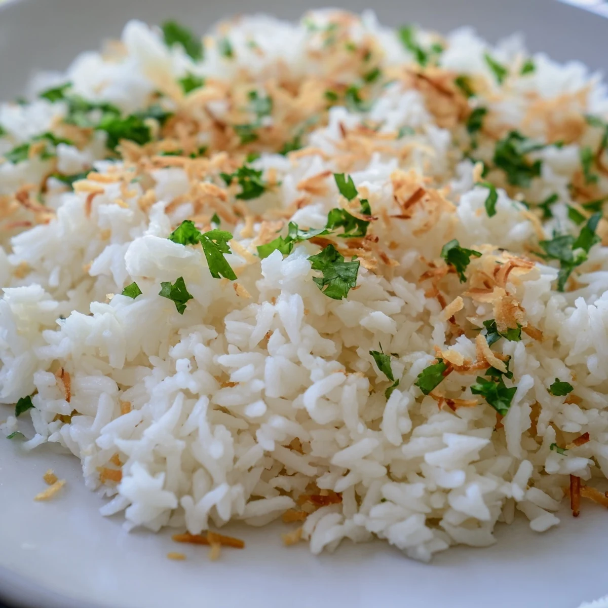 Fluffy coconut rice garnished with toasted coconut flakes and fresh cilantro in a serving bowl