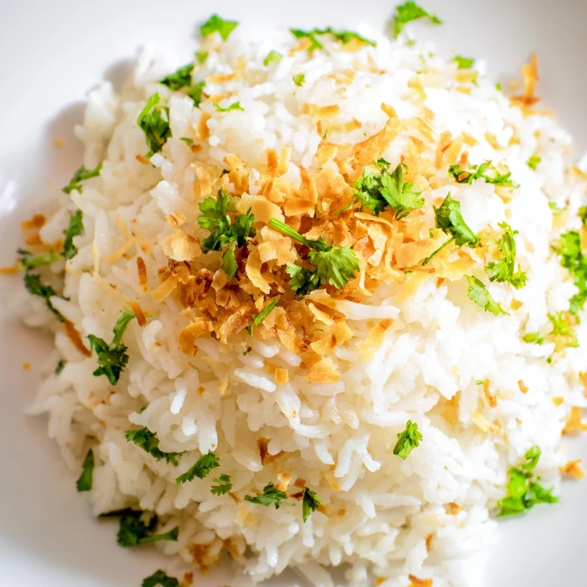 Close-up of tender coconut rice grains flecked with green scallions, perfect tropical side dish for seafood