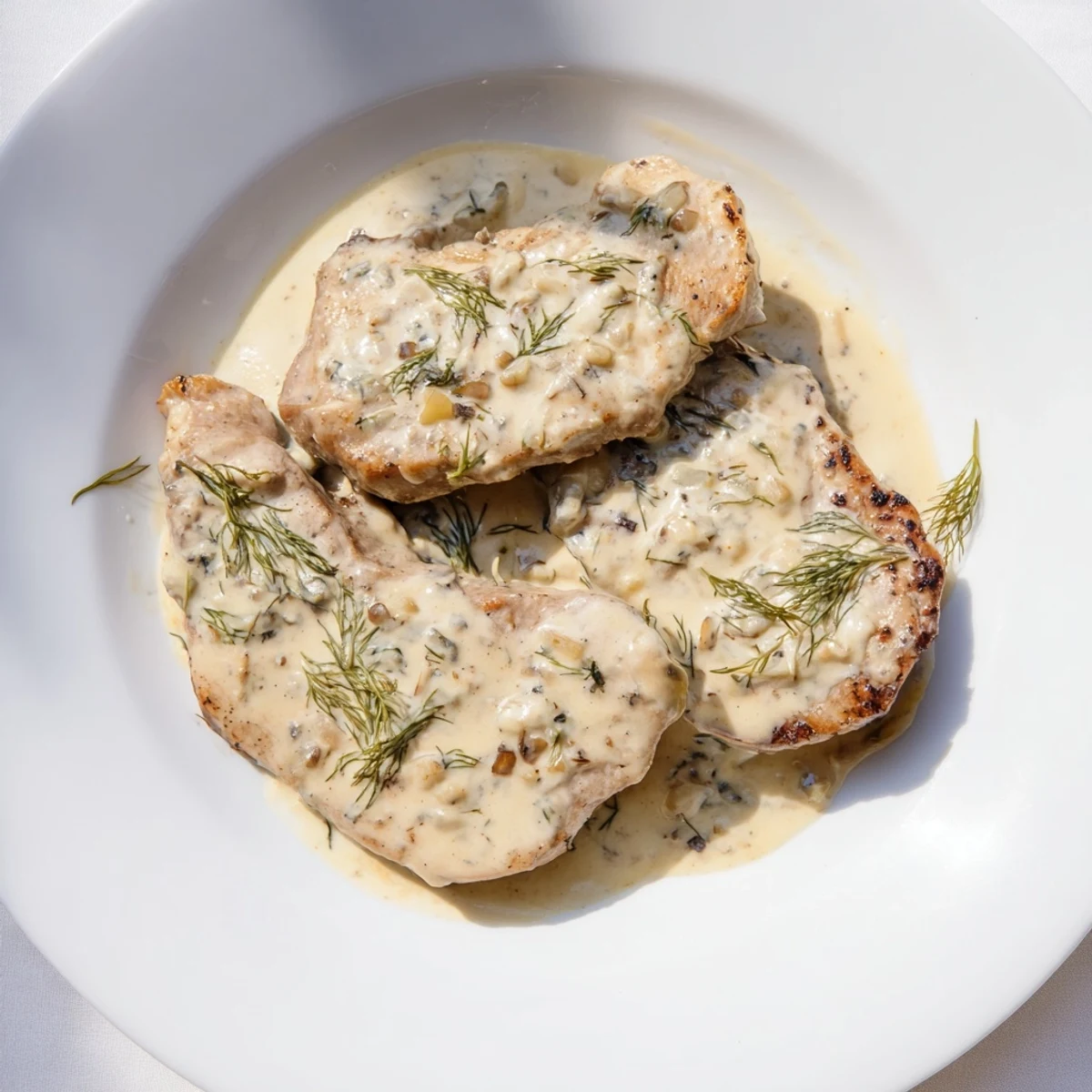 Golden brown chicken breasts swimming in a velvety white dill cream sauce in a skillet