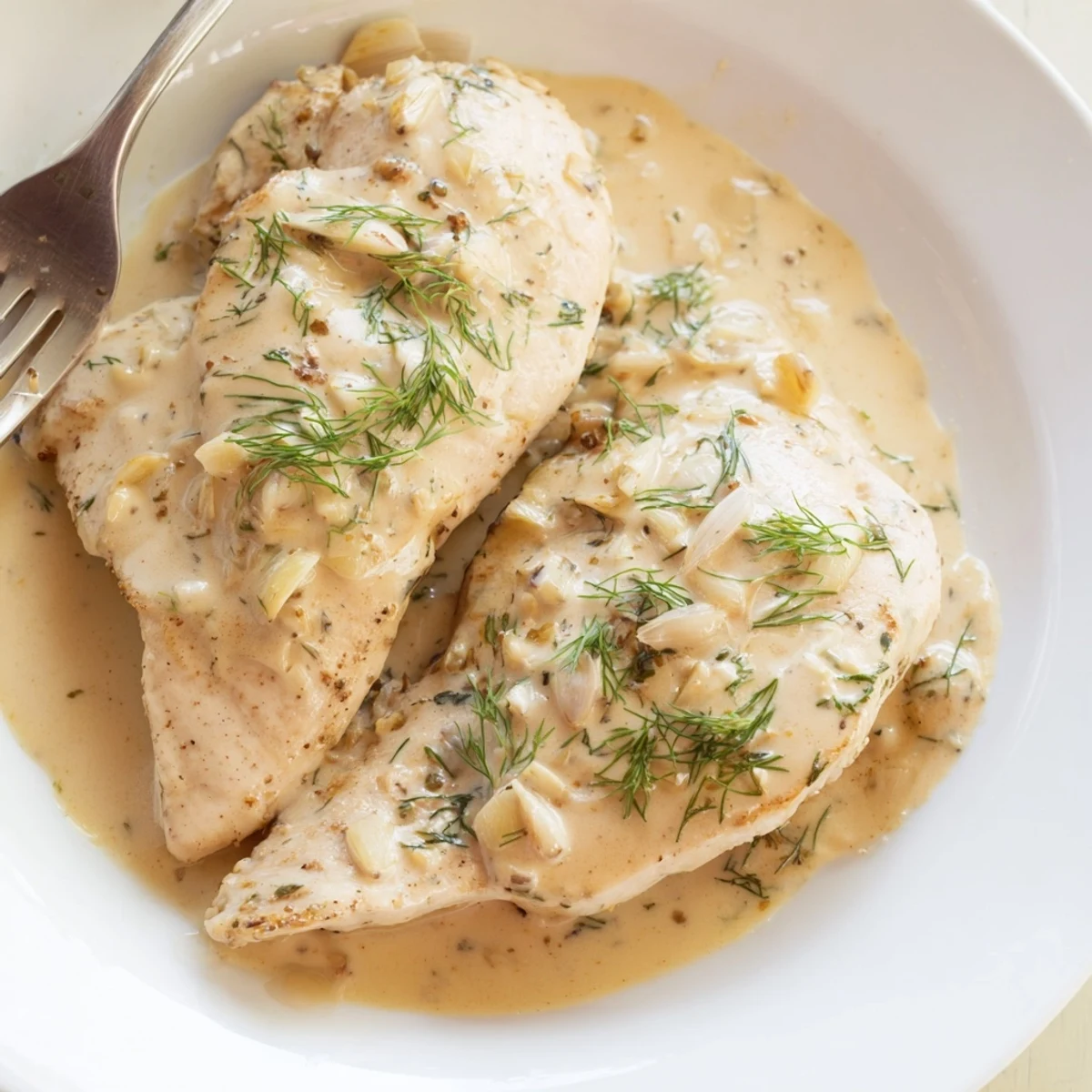 Creamy dill chicken plated with fresh green herbs garnishing the rich smooth sauce