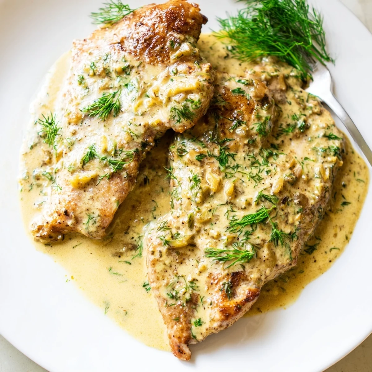 Tender juicy chicken pieces coated in a thick luxurious dill cream sauce with lemon