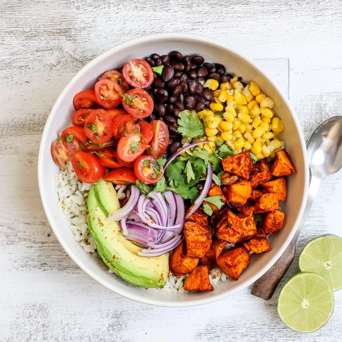 Colorful vegan sweet potato burrito bowl loaded with roasted sweet potatoes, black beans, and fresh avocado toppings