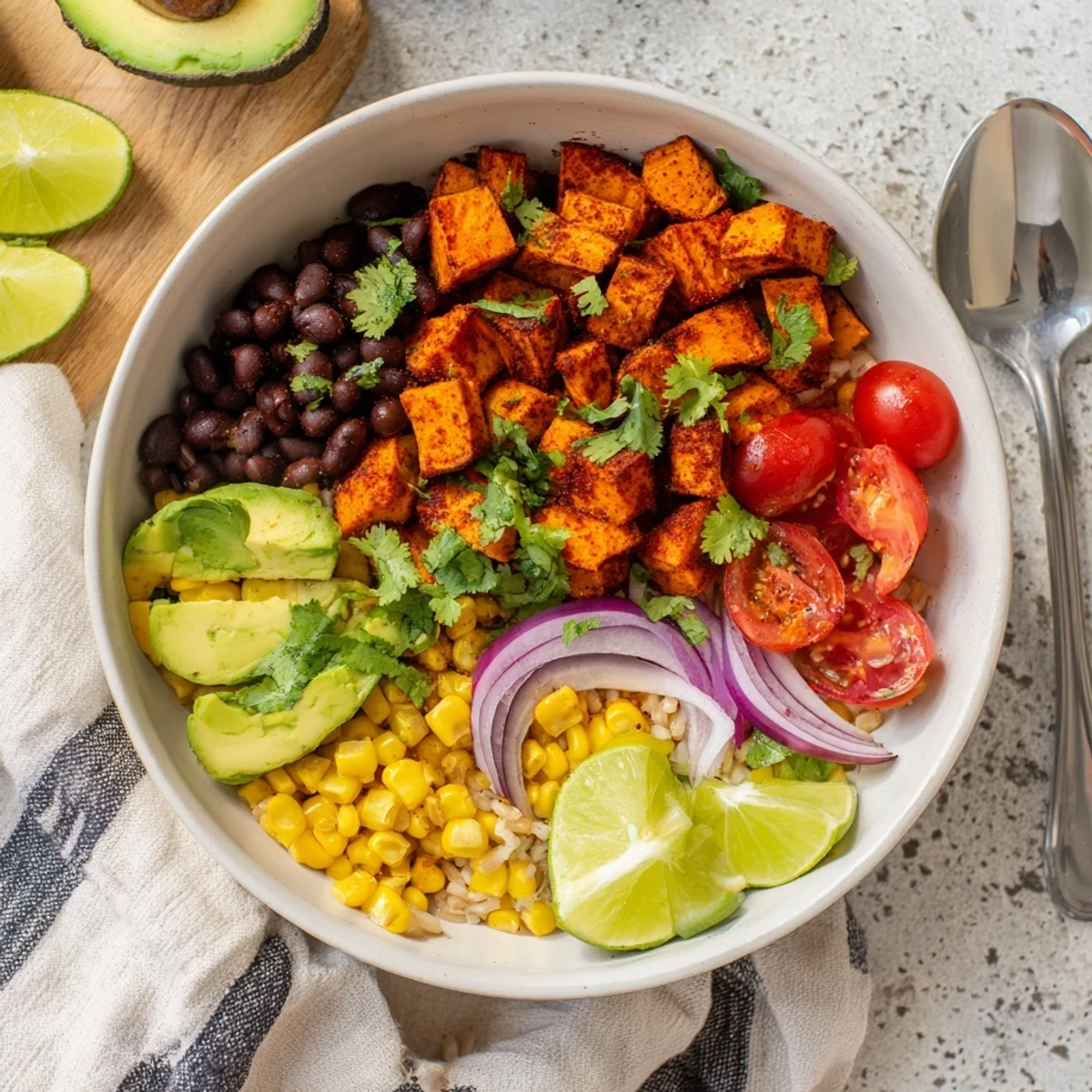 Hearty vegan sweet potato burrito bowl featuring zesty lime rice, spiced roasted sweet potatoes, and vibrant vegetables