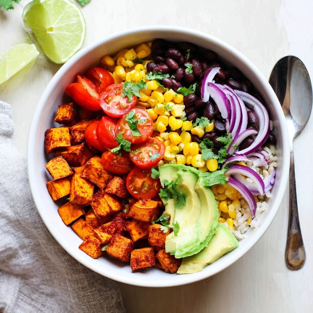 Wholesome vegan sweet potato burrito bowl arranged with tender roasted sweet potatoes, cilantro rice, creamy avocado, and crisp toppings