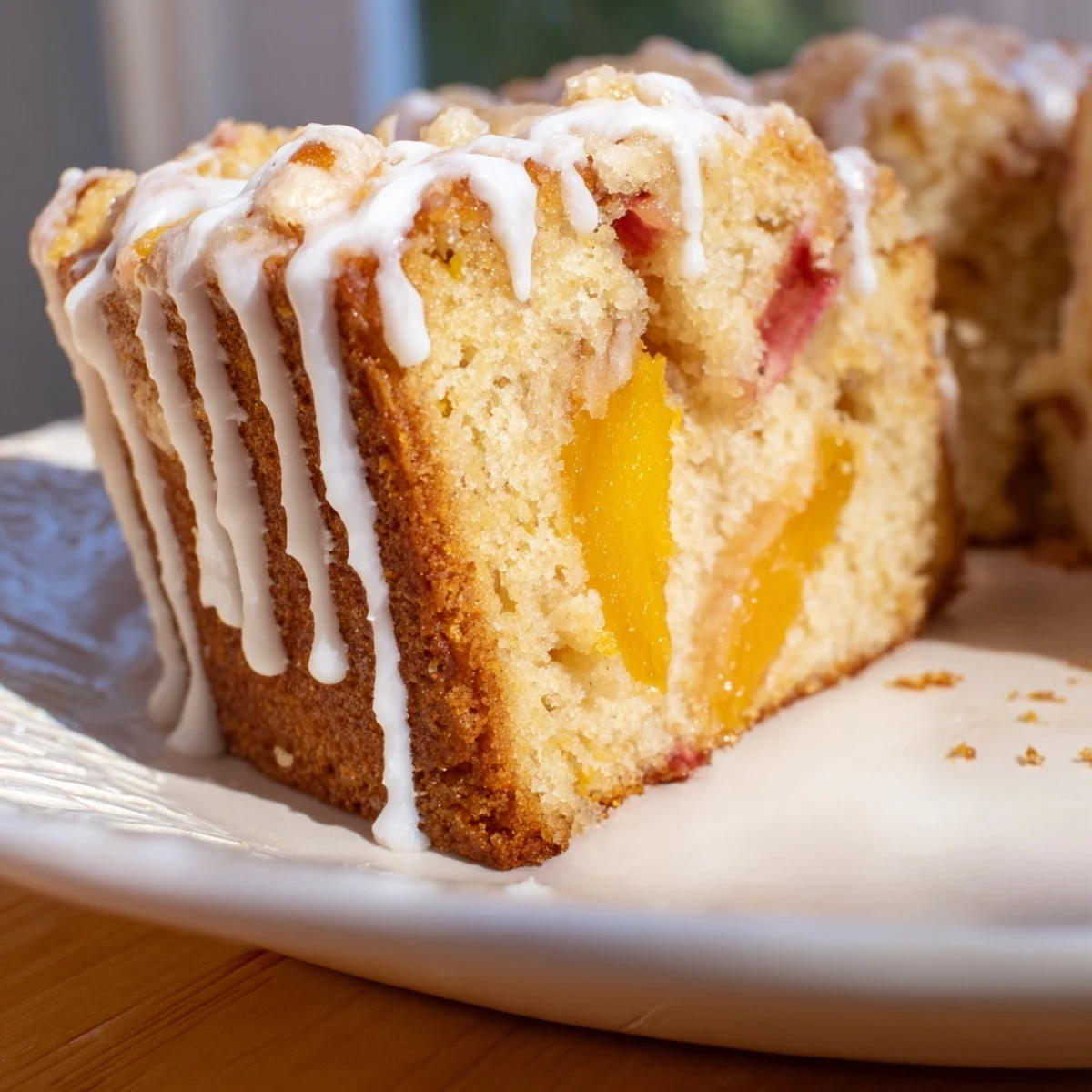 Golden peach cobbler pound cake drizzled with vanilla glaze on a white serving plate