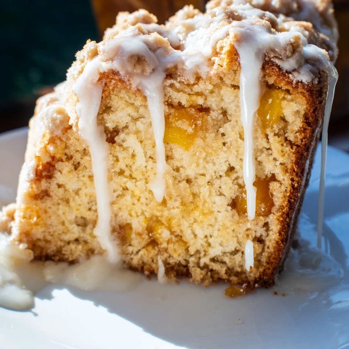 Moist buttery pound cake studded with juicy peaches and warm cinnamon spices
