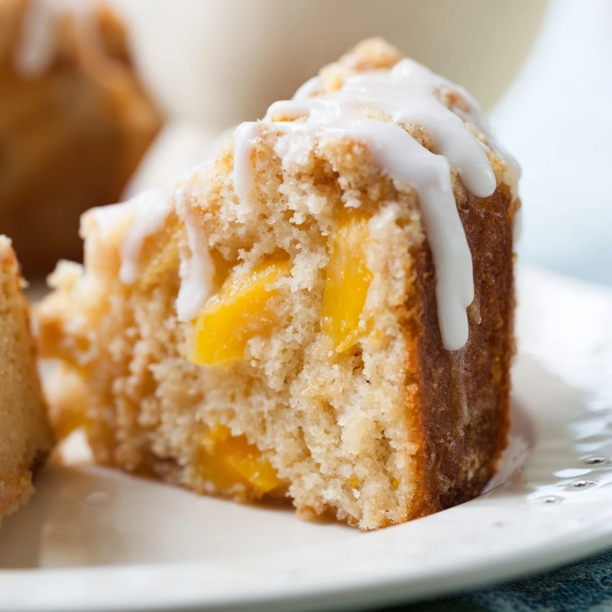 Sliced peach cobbler cake revealing tender crumb with sweet peach filling inside
