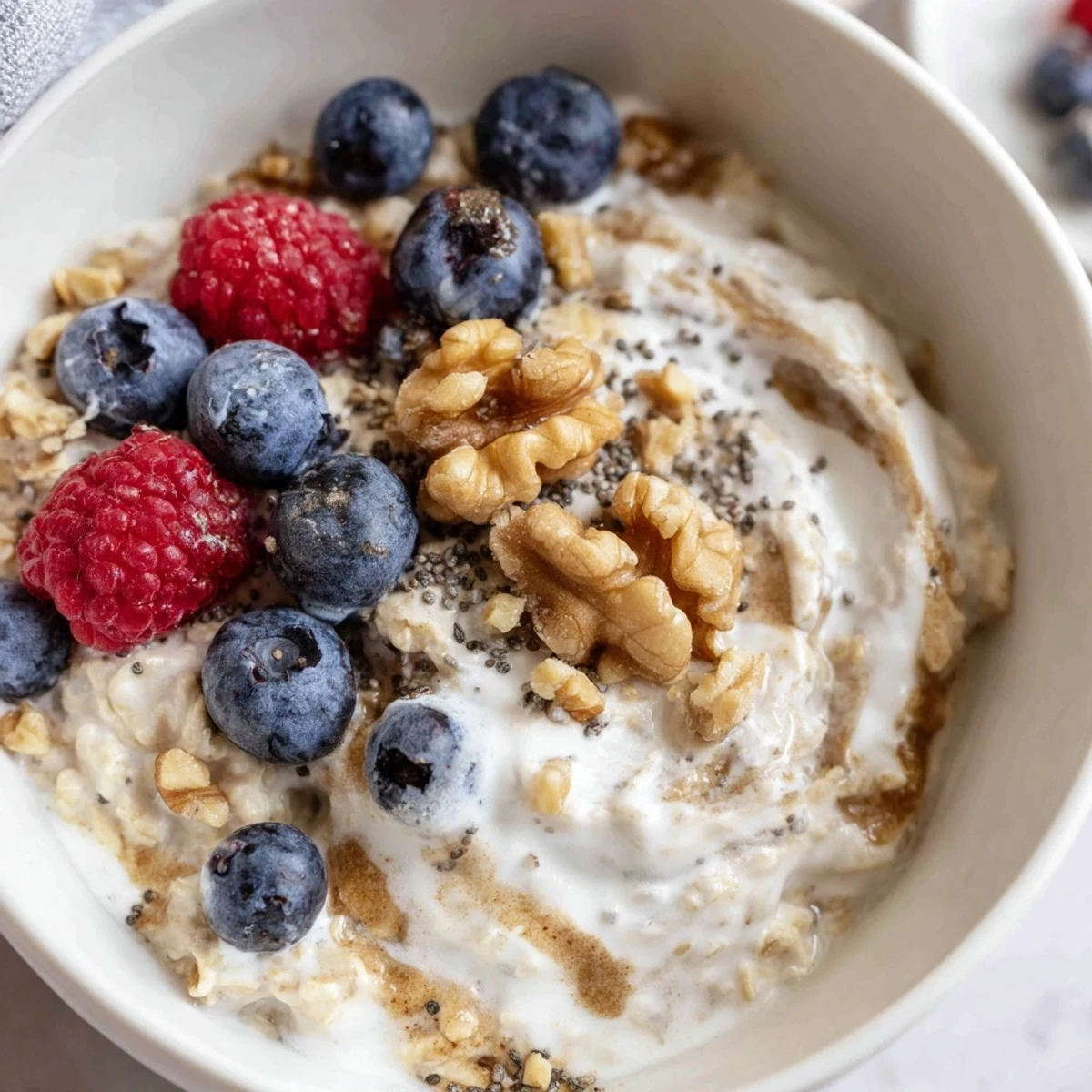 Creamy brown sugar overnight oats in a glass jar topped with fresh berries and chopped nuts