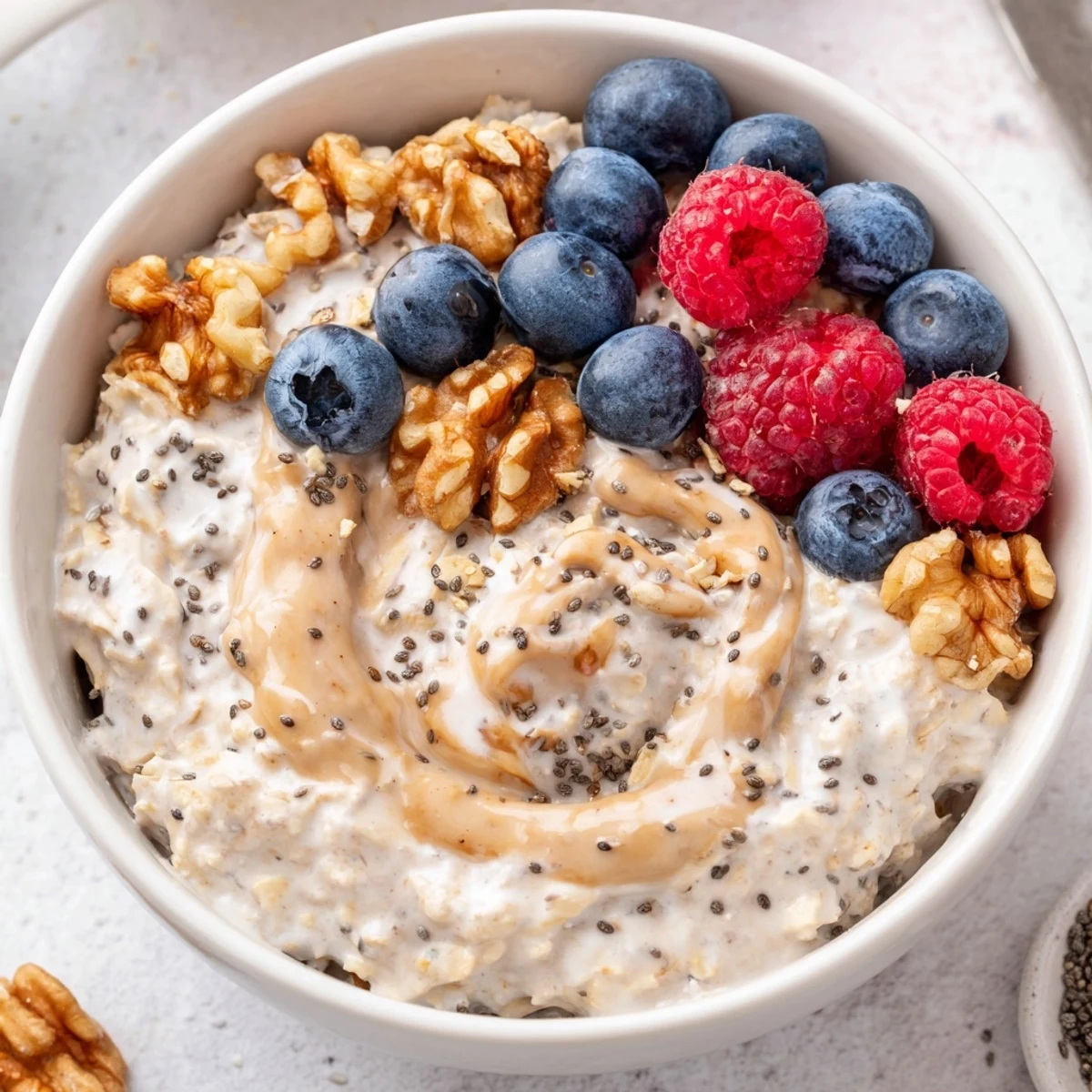 Brown sugar overnight oats breakfast bowl garnished with banana slices chia seeds and pecan pieces