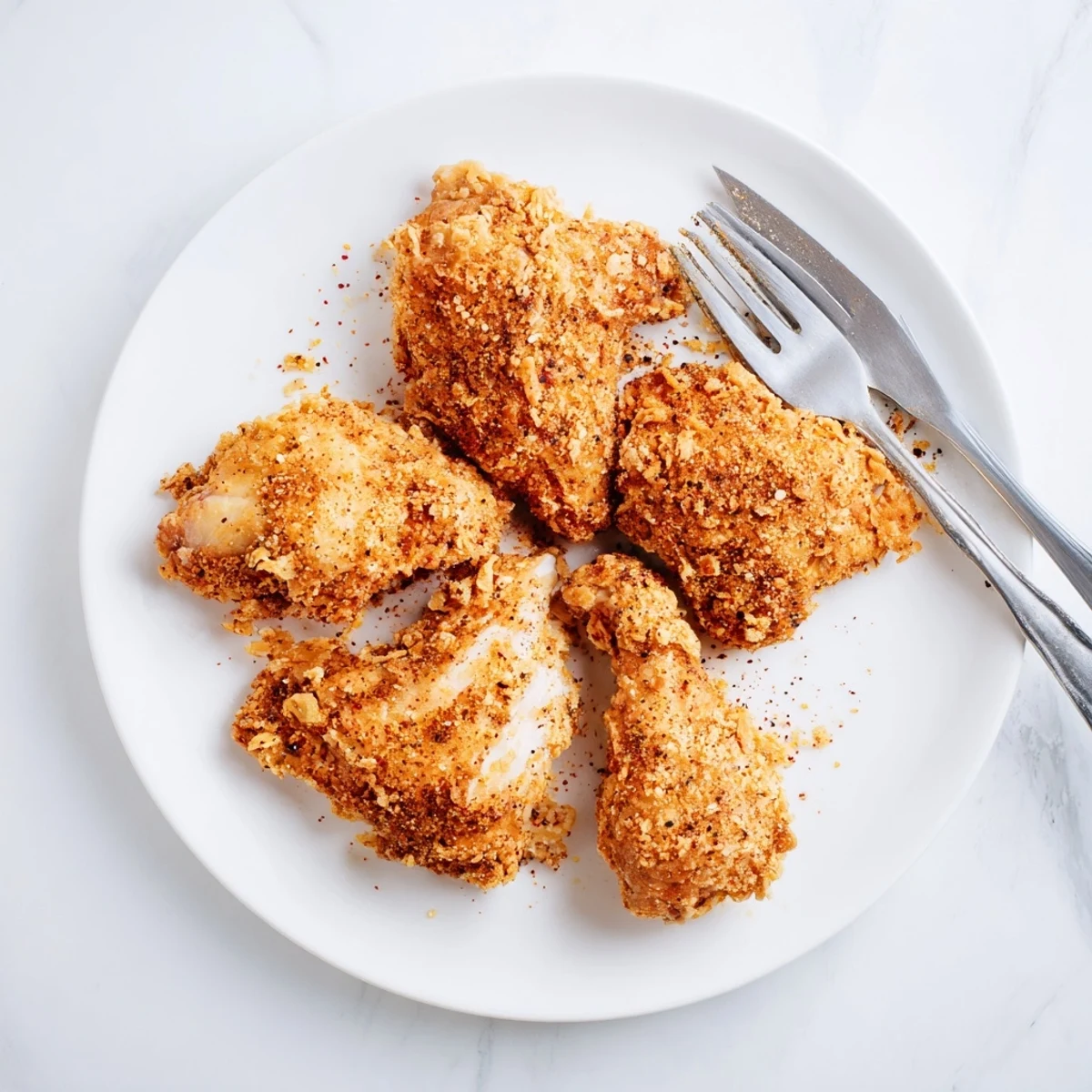 Golden brown crispy Southern fried chicken resting on a wire rack with glistening oil