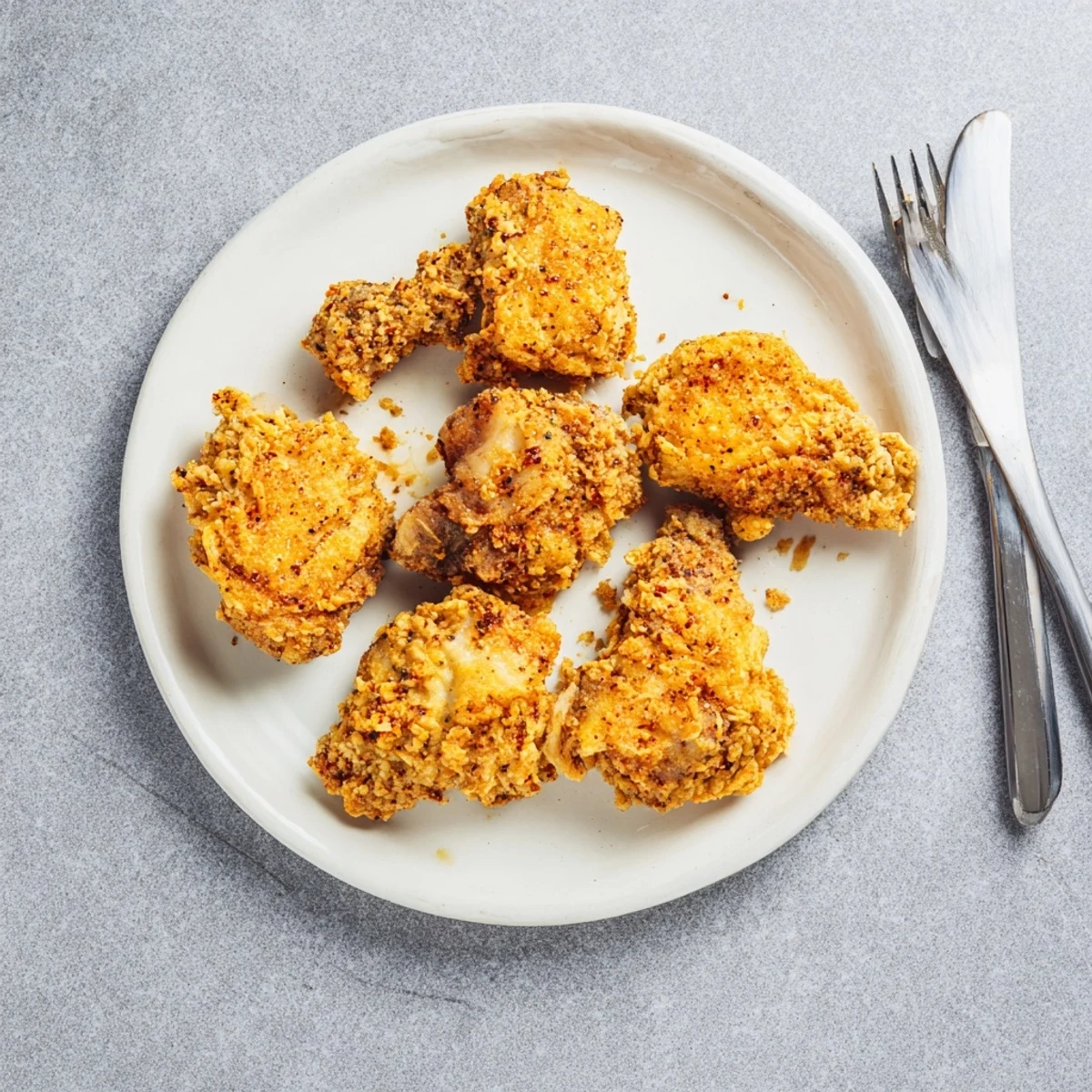Juicy buttermilk marinated Southern fried chicken pieces piled high on a rustic wooden board