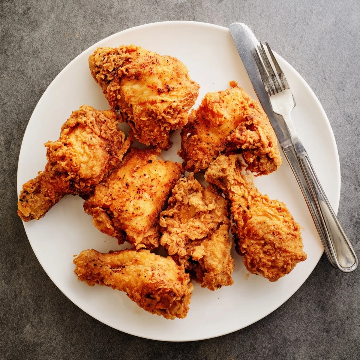 Fried to perfection Southern fried chicken displaying crunchy golden coating and tender meat inside
