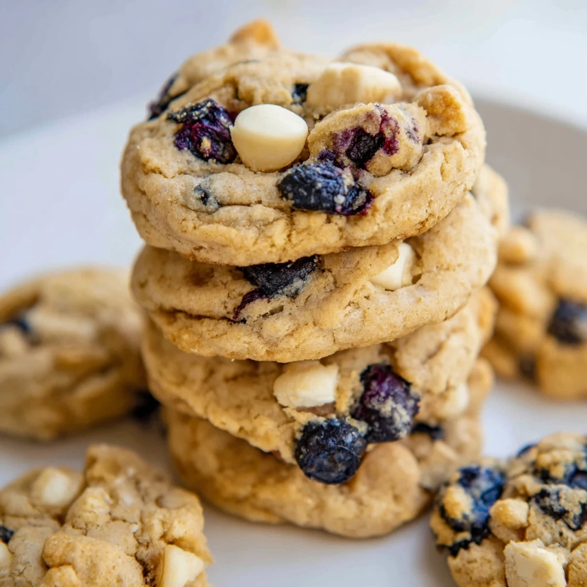 Golden chewy lemon blueberry cookies with juicy berries baked on a parchment-lined baking sheet