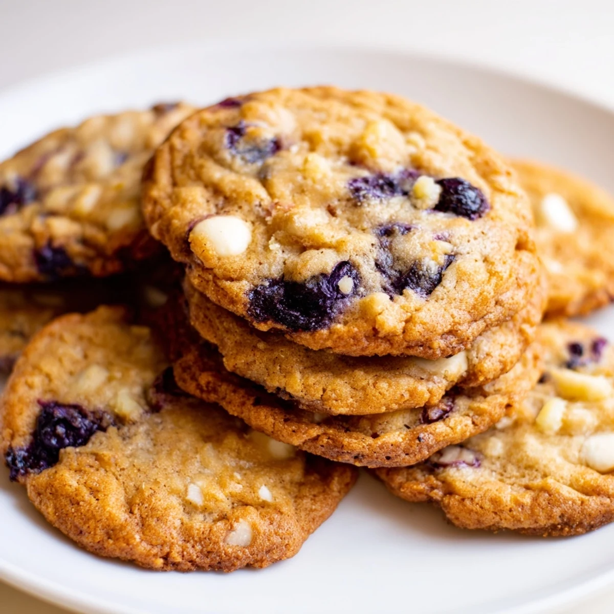 Freshly baked chewy lemon blueberry cookies cooling on a wire rack with golden edges and soft centers