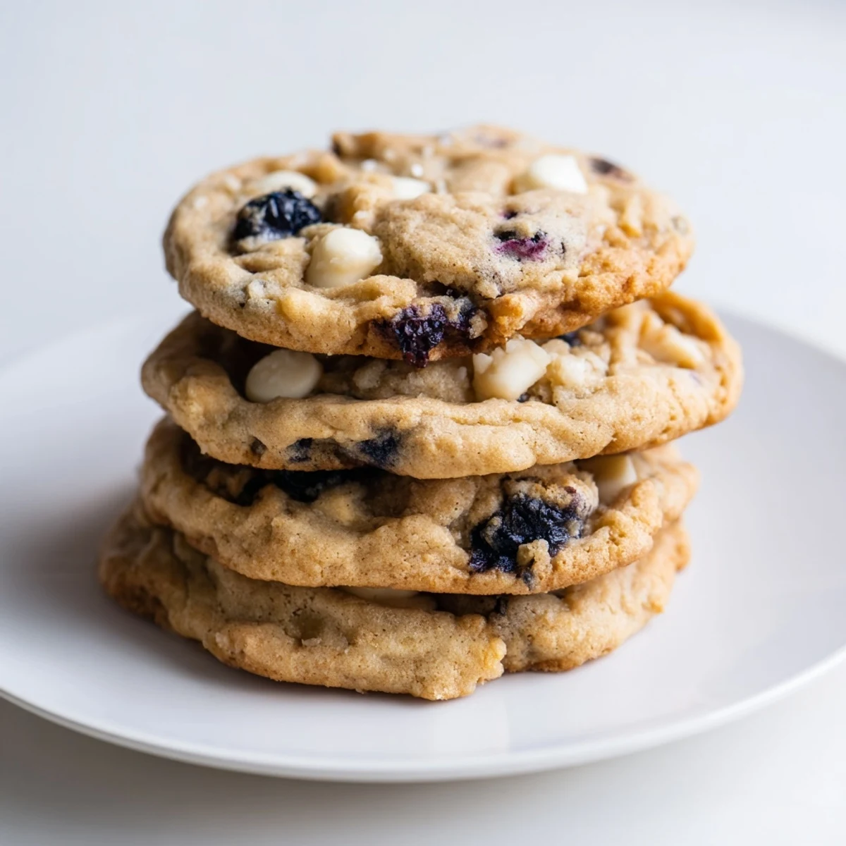 Soft homemade lemon blueberry cookies featuring plump blueberries and bright citrus zest on a white plate