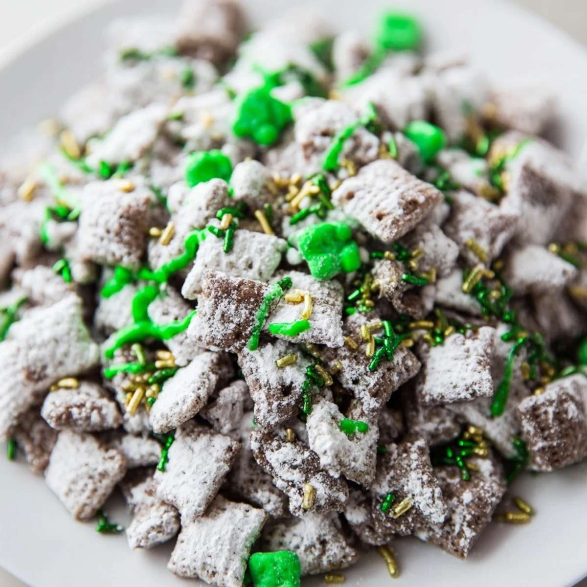 Colorful bowl of St. Patricks Day puppy chow topped with green candy melts