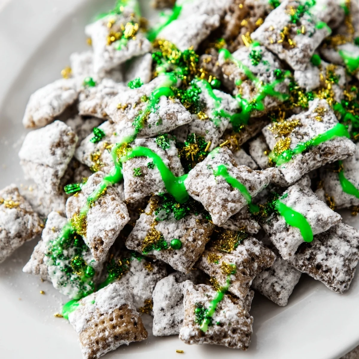 Festive St. Patricks Day puppy chow coated in chocolate peanut butter with green sprinkles