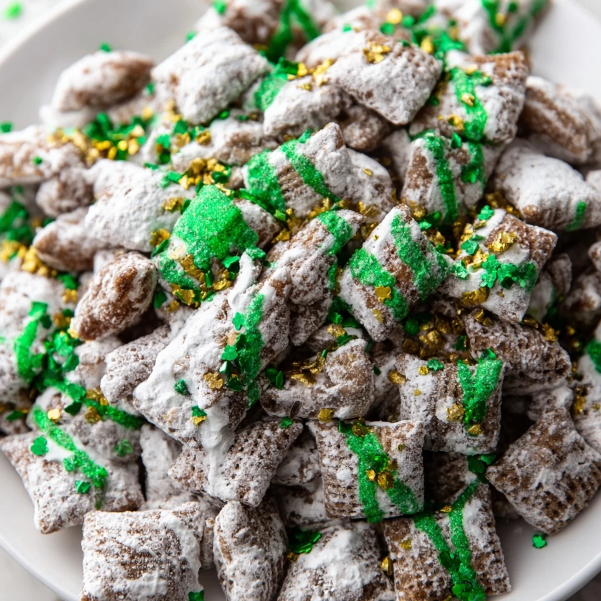 Crunchy St. Patricks Day puppy chow snack mix with green and gold sprinkles