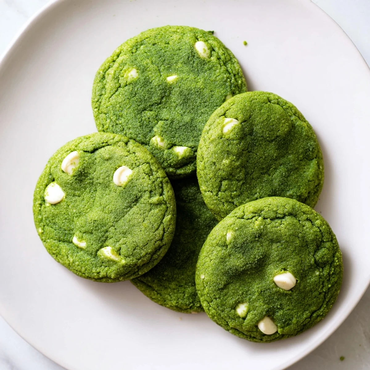 Soft green velvet cookies studded with creamy white chocolate chips on a cooling rack