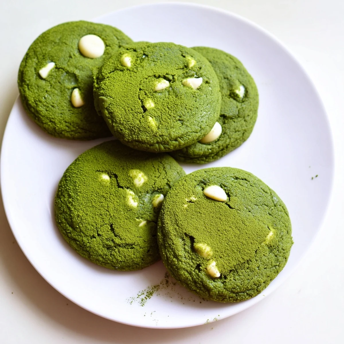 Vibrant green dessert cookies with cocoa hints and melty white chocolate chunks