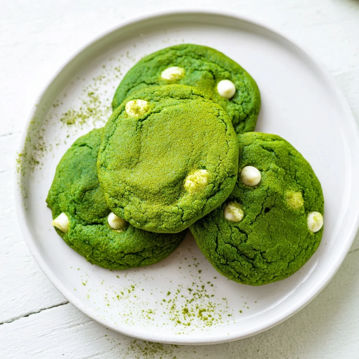 Chewy green velvet cookies fresh from the oven with golden edges and white chips
