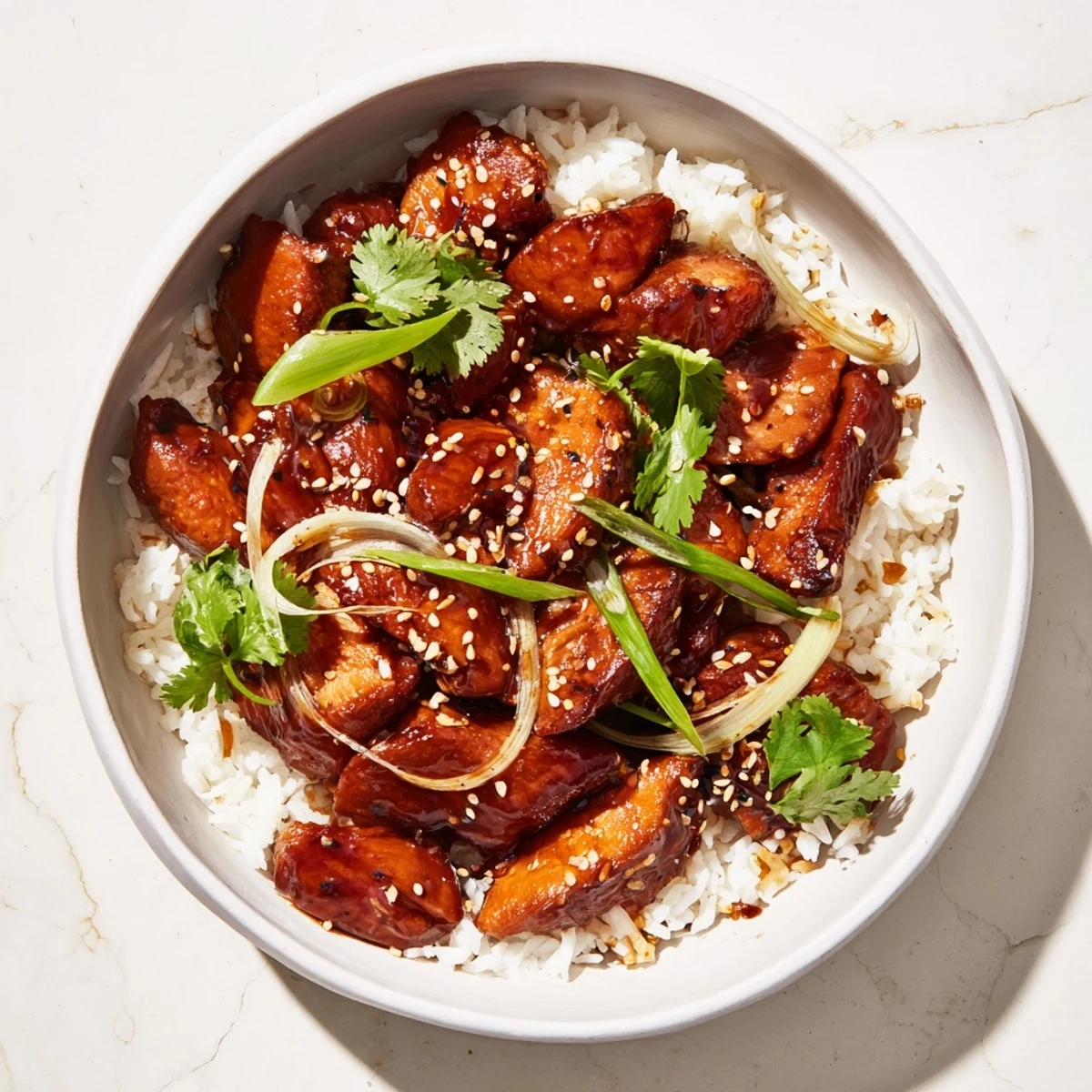 Golden caramelized soy chicken thighs glistening over fluffy white rice in aromatic garlic ginger broth