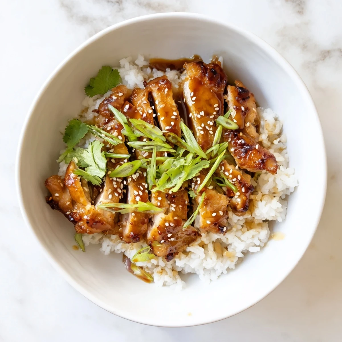 Succulent caramelized soy chicken pieces atop rice immersed in savory garlic ginger seasoned broth