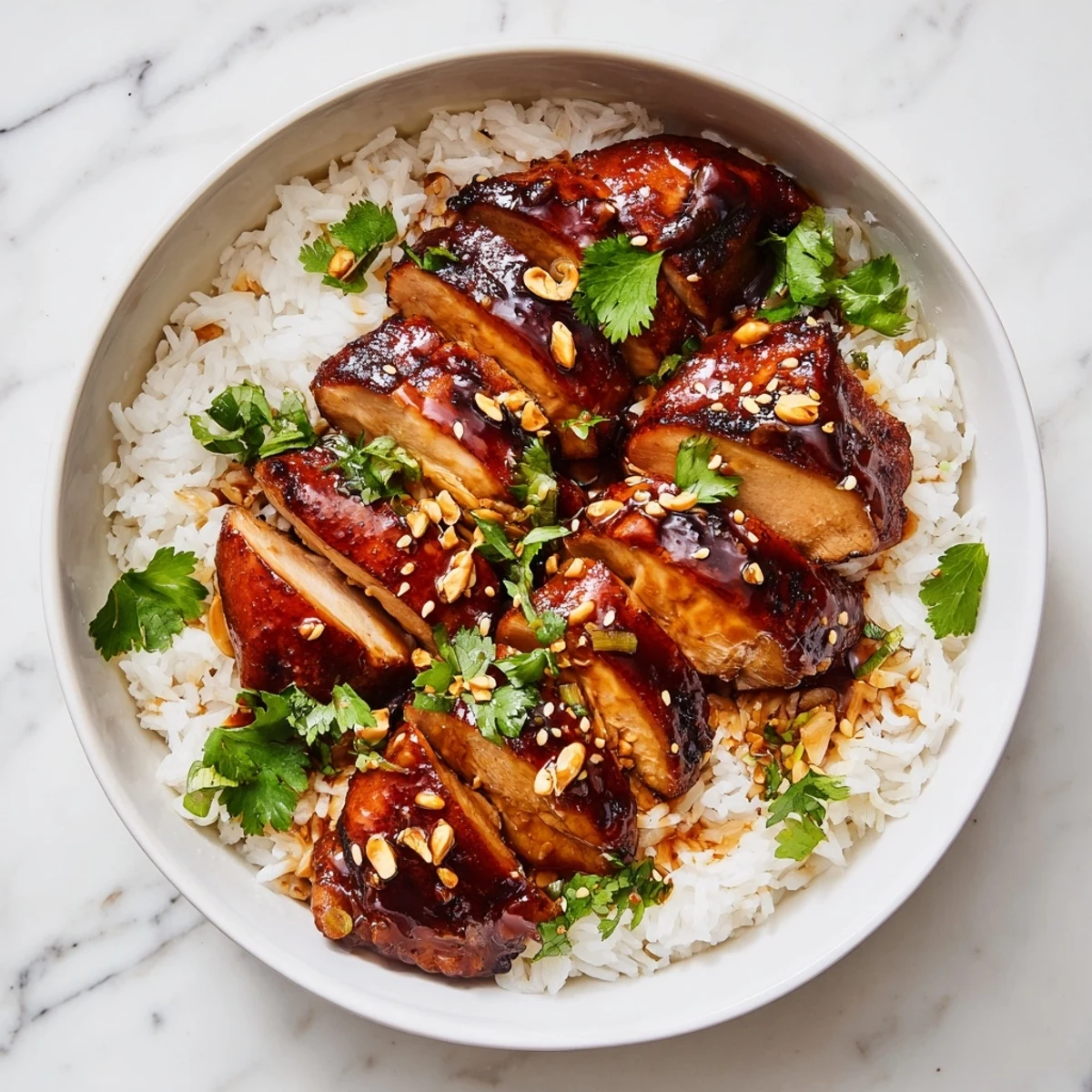 Bowl of tender glazed chicken slices swimming in fragrant broth served over steamed jasmine rice