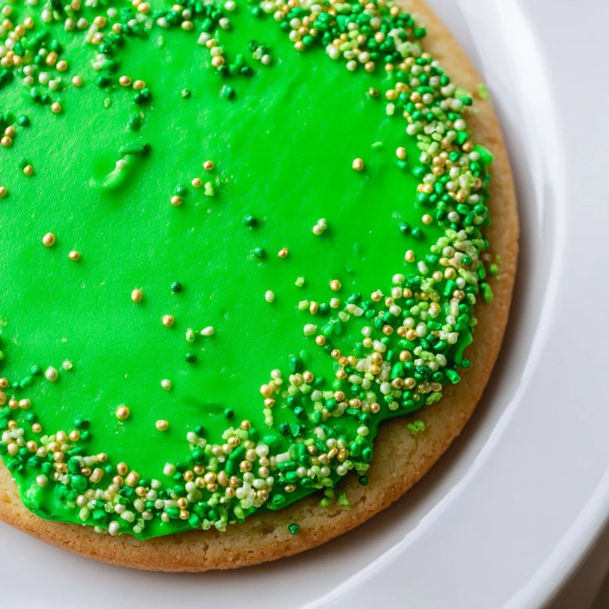 Festive St. Patricks Day sugar cookies topped with vibrant green icing and gold sprinkles on a white serving plate.