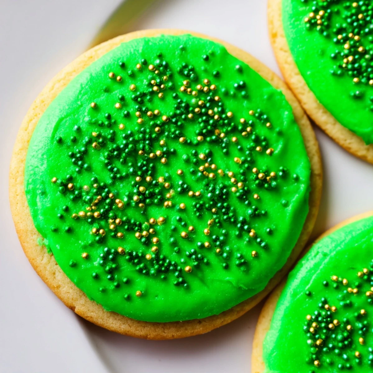 Soft homemade St. Patricks Day sugar cookies decorated with shamrock shapes and smooth green vanilla glaze for holiday celebrations.