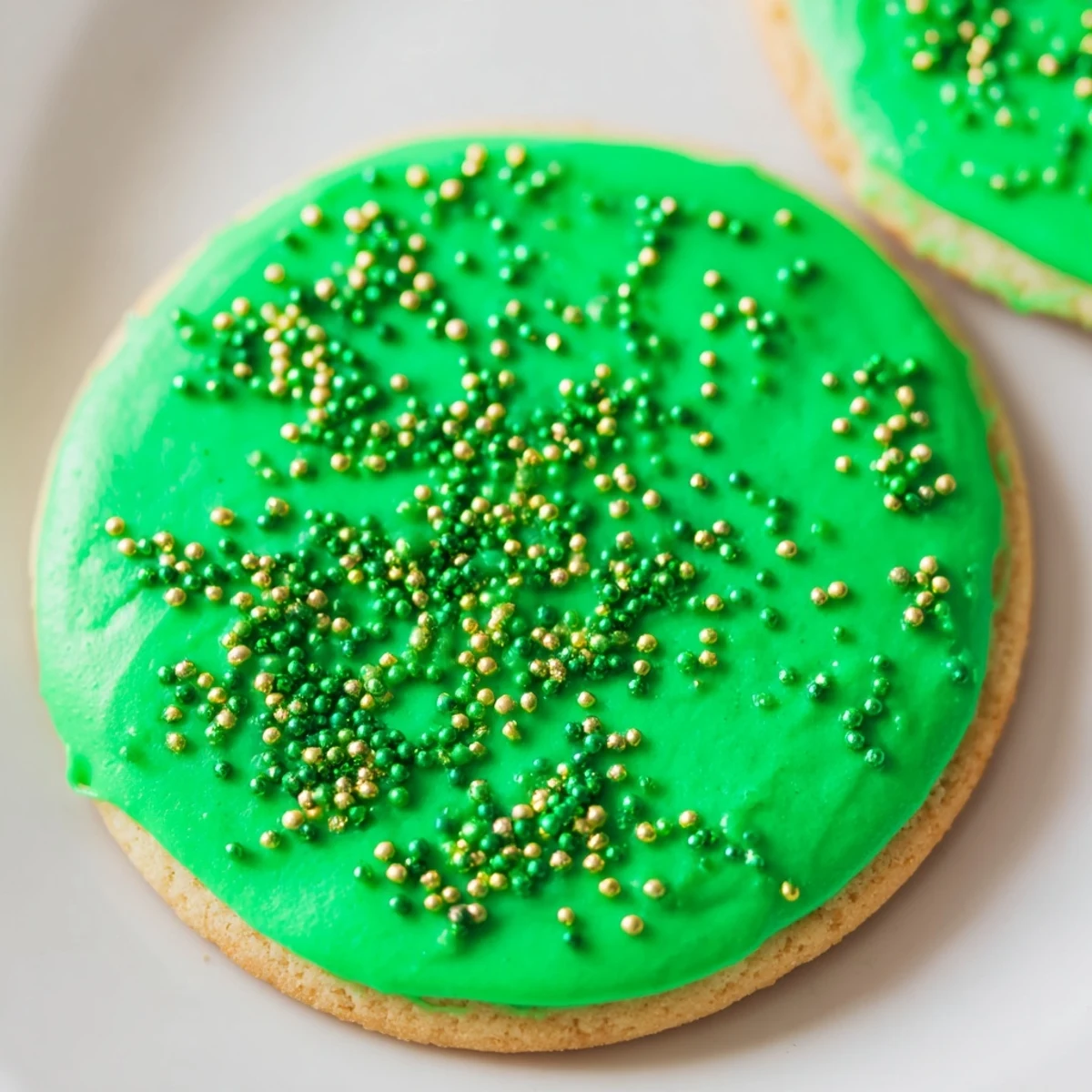 Freshly baked St. Patricks Day sugar cookies with glossy green icing and festive sprinkles arranged on a wooden cutting board.