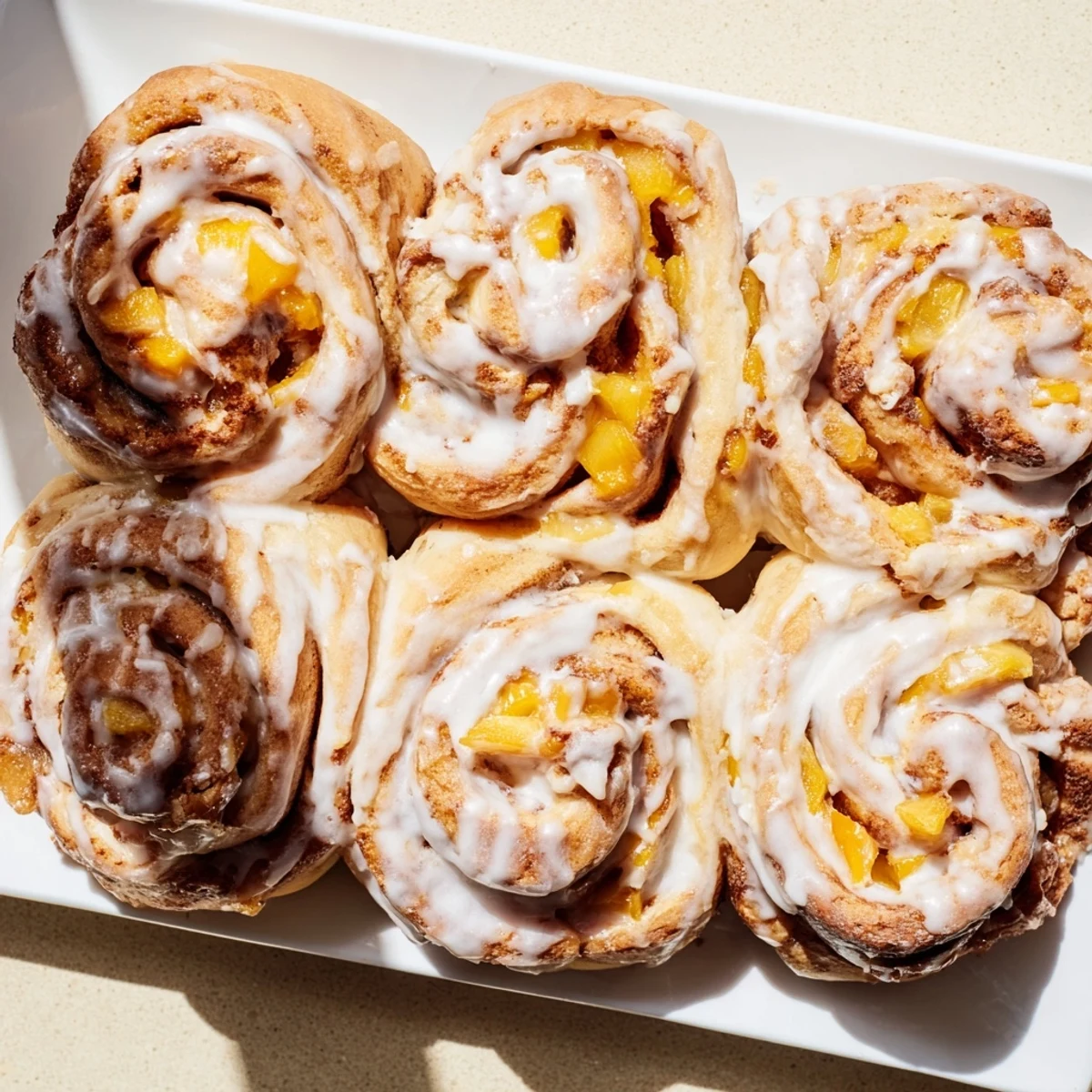 Golden peach pie cinnamon rolls drizzled with white vanilla glaze on a baking dish