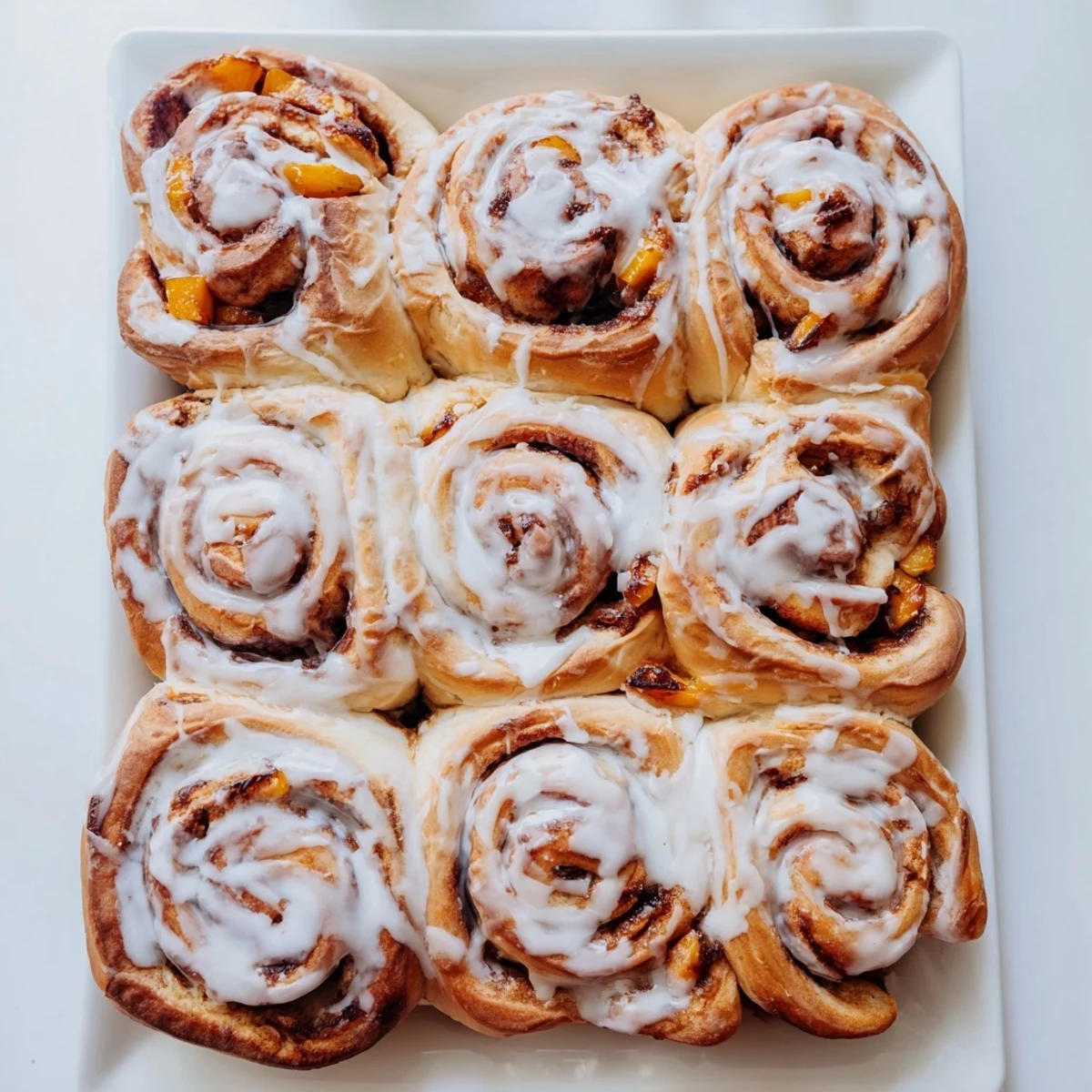 Fluffy homemade peach pie cinnamon rolls spiraled with sweet spiced fruit filling