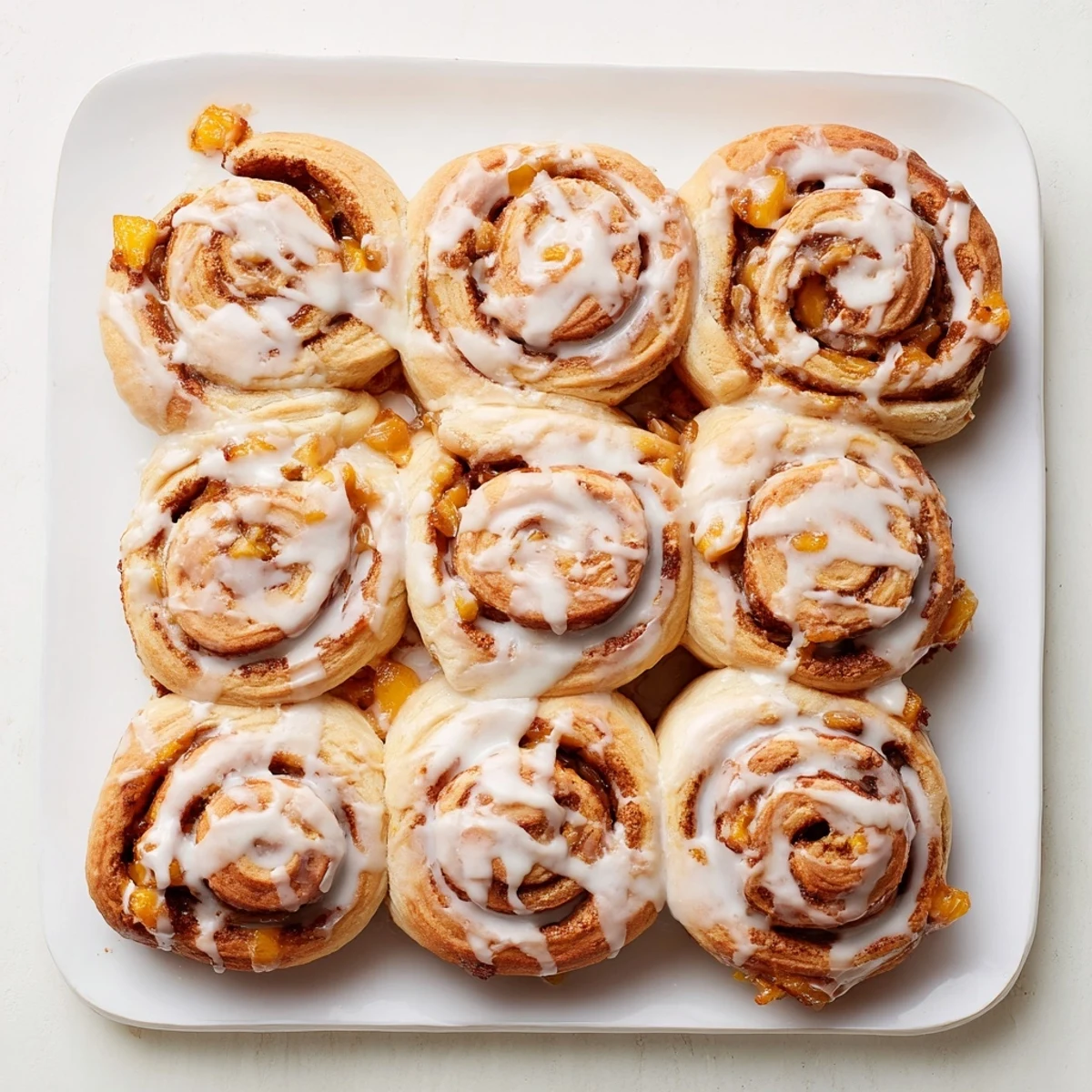 Warm peach pie cinnamon rolls topped with creamy glaze ready for breakfast dessert