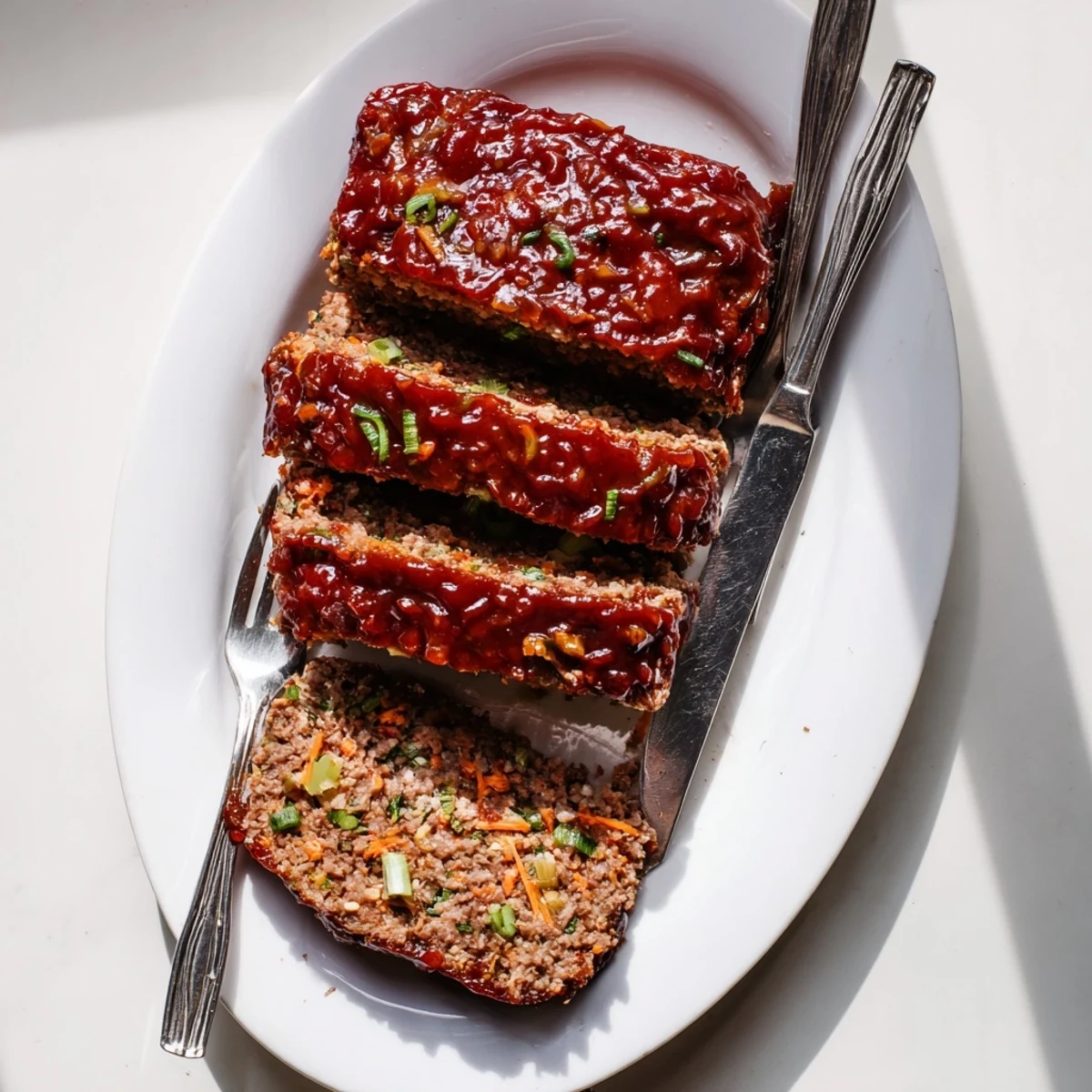 Korean meatloaf with gochujang glaze sliced on a white serving plate with rice