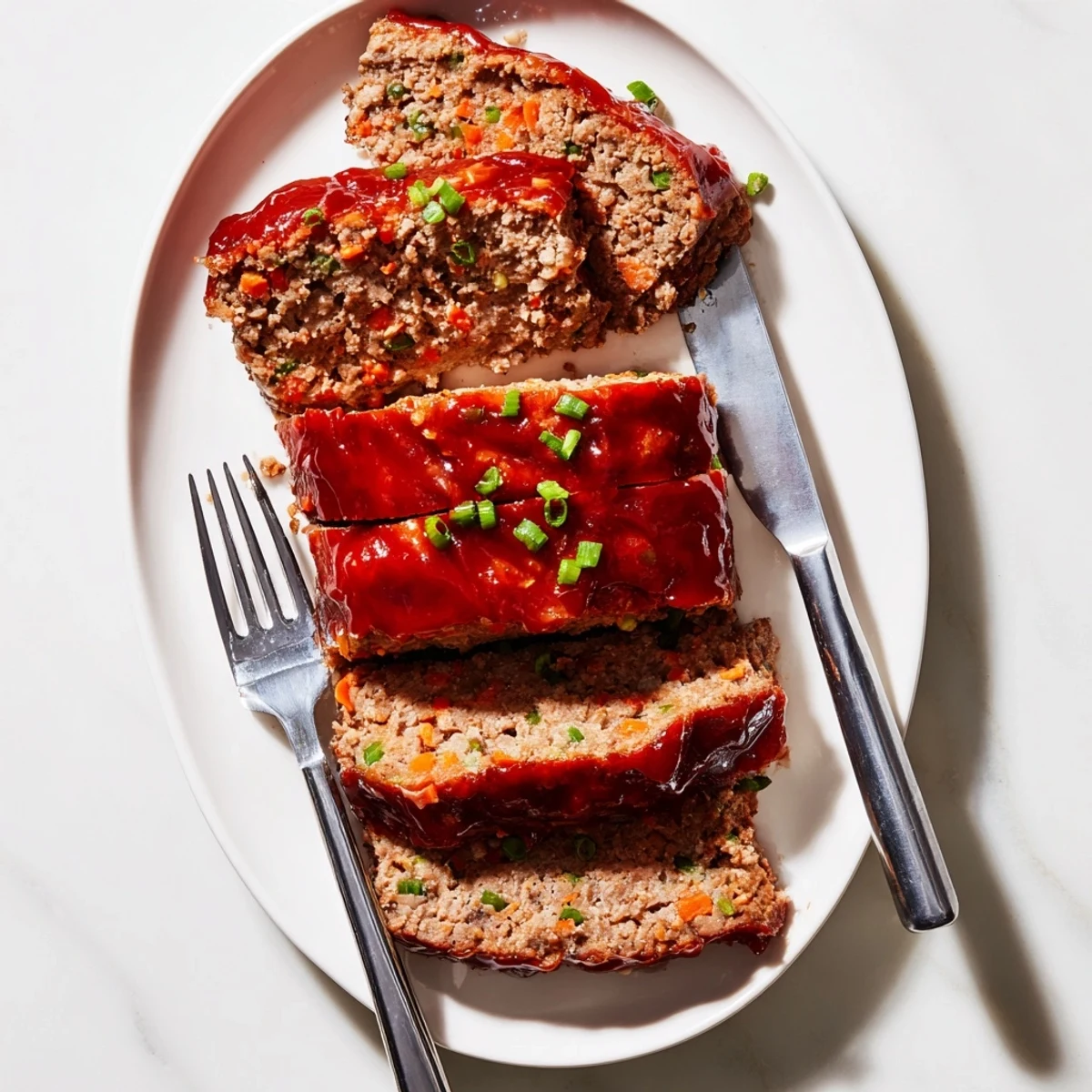 Glossy spicy-sweet gochujang glazed meatloaf featuring beef and pork on a rustic wooden board