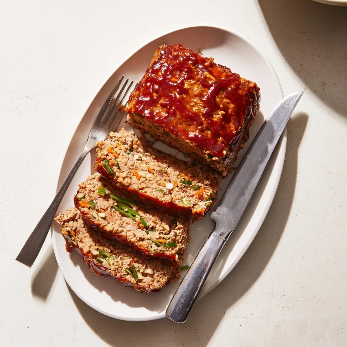Juicy Korean-style meatloaf brushed with red chili glaze and garnished with fresh green onions