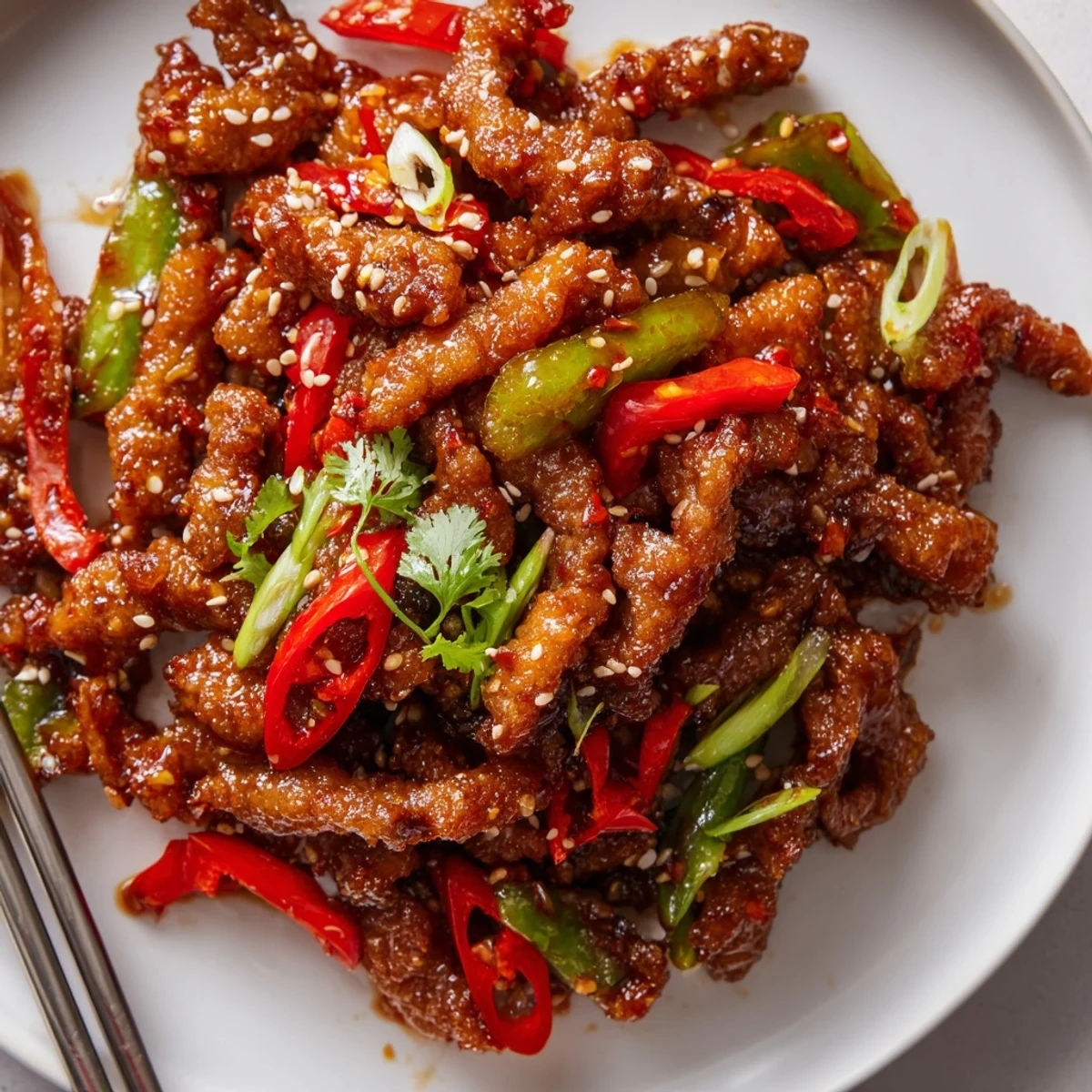 Golden crispy chilli beef strips tossed in spicy tangy glaze with colorful bell peppers