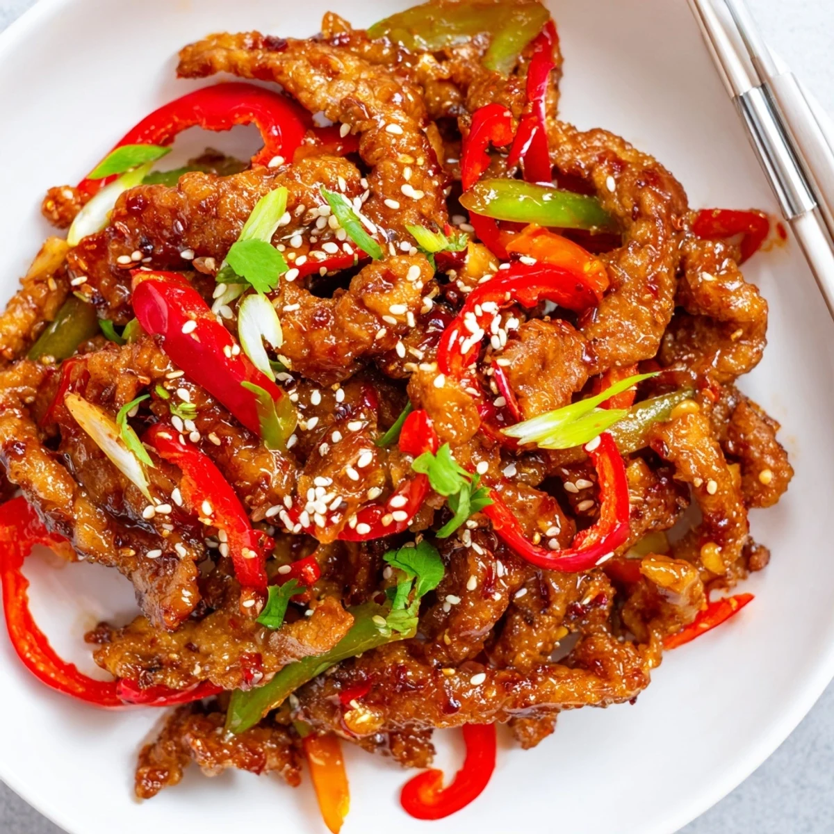 Crispy chilli beef served with vibrant peppers and sesame seeds over steaming white rice