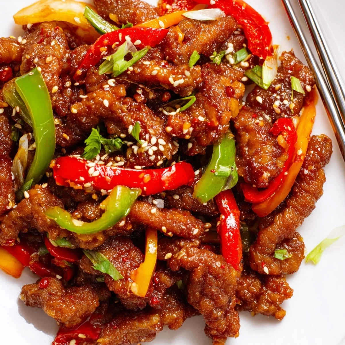 Homemade crispy chilli beef featuring crunchy fried beef coated in sweet spicy red sauce