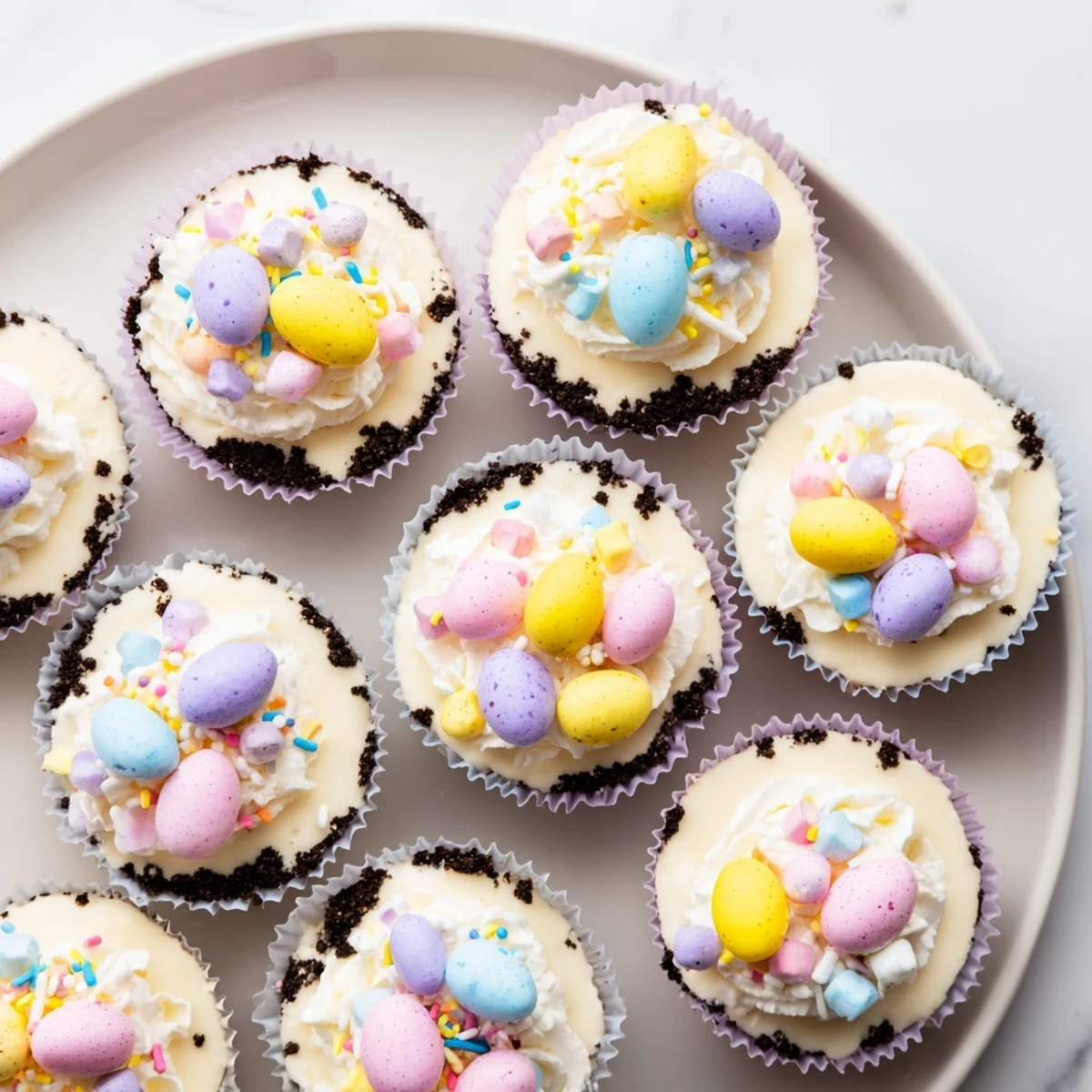 Easter Cadbury Mini Cheesecakes topped with colorful candy eggs and fluffy whipped cream
