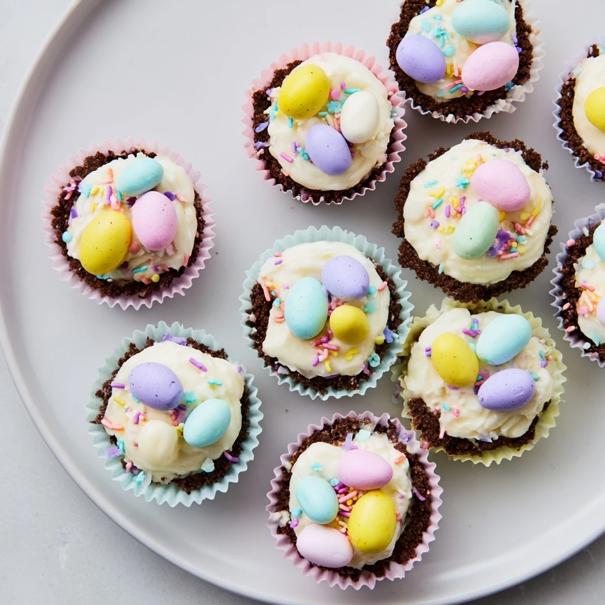Bite-sized Easter Cadbury Mini Cheesecakes featuring smooth vanilla filling and crunchy Mini Egg toppings