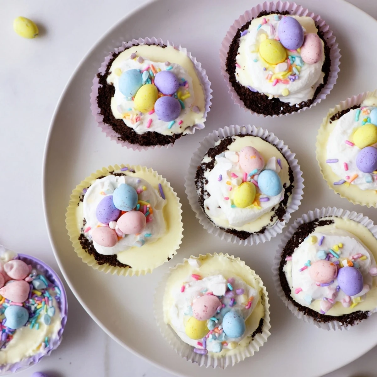 Creamy Easter Cadbury Mini Cheesecakes in chocolate cookie crusts garnished with pastel sprinkles