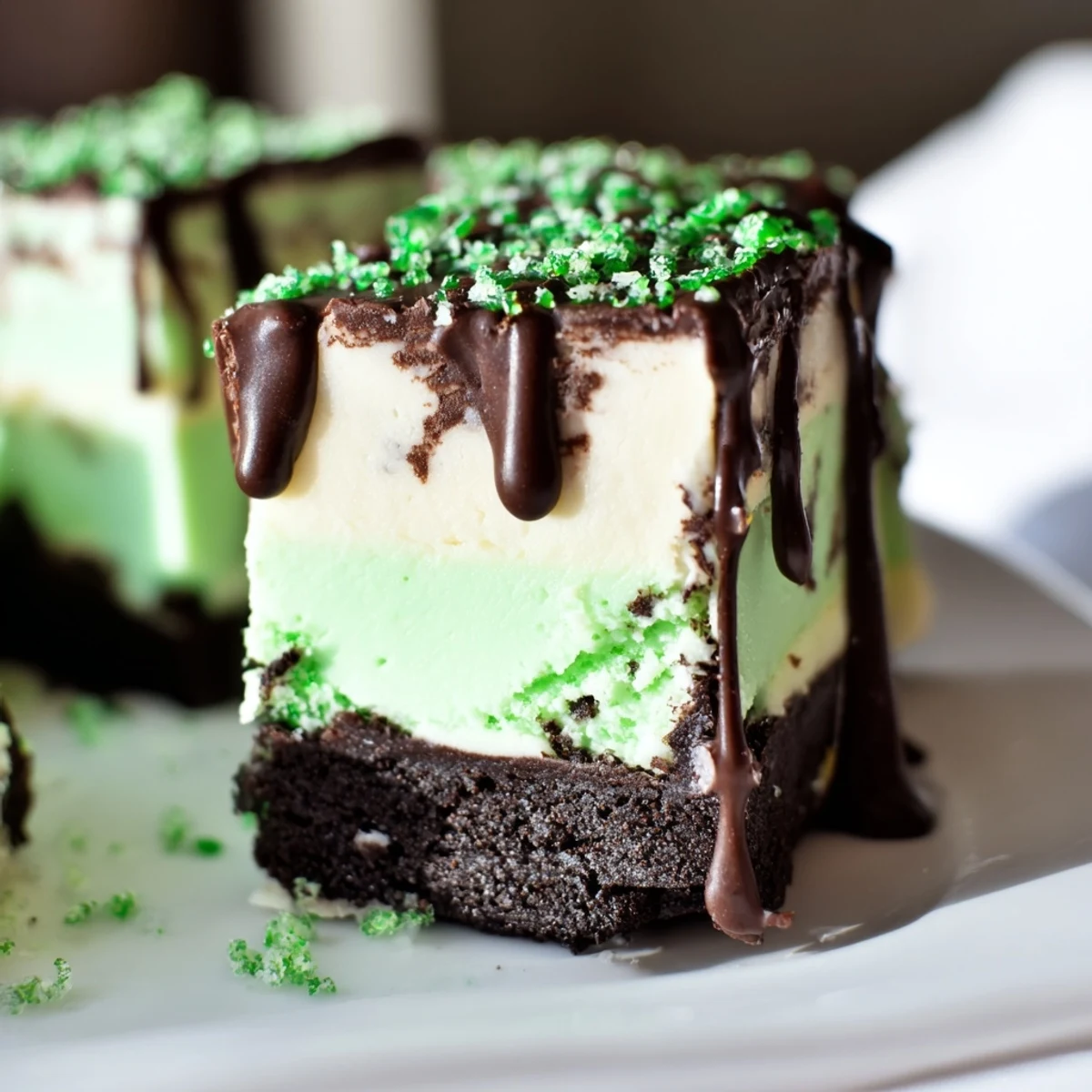 St. Patricks Irish mint cheesecake fudge squares on dark chocolate drizzle with green sprinkles