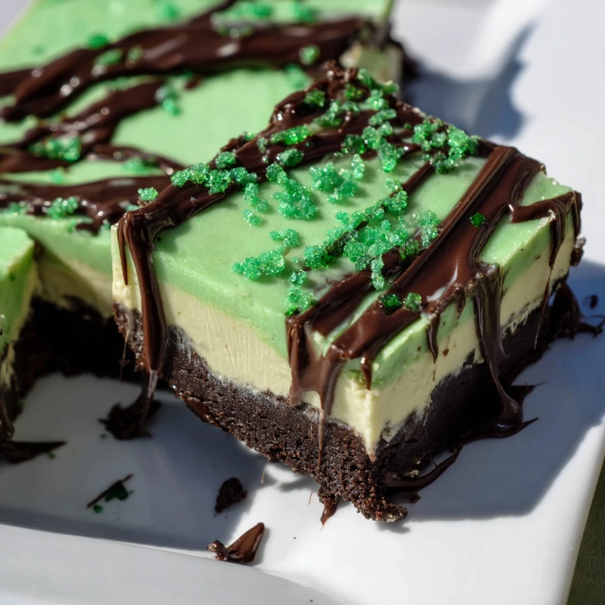Creamy Irish mint cheesecake fudge bars layered over chocolate cookie crust, cut into squares